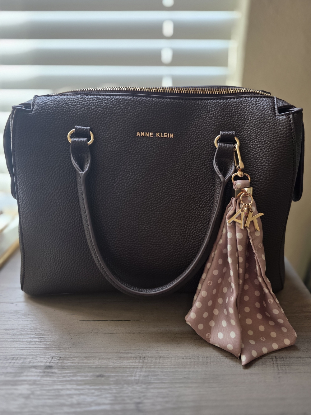Anne Klein Black Pebbled Dome Satchel with Polka Dot Charm